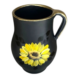 Ulcior decorativ negru cu floarea-soarelui pictata manual – Vaza eleganta din ceramica cu detalii aurii 17 cm - Img 2