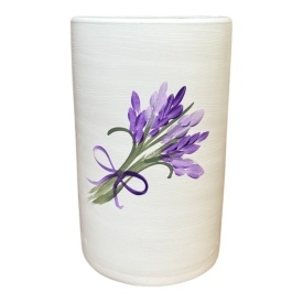 Vaza ceramica alba, cilindru, pictata manual, lavanda mov, flori decorative, pentru flori, decor masa, cadou elegant, 18 cm
