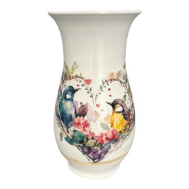 Vază ceramică albă înaltă cu pasarele în inimioară – decor romantic pentru flori și interior