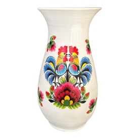 Vază ceramică cilindrică cu 2 cocoși și motive florale – 25 cm, obiect artizanal Bucovina, decor tradițional