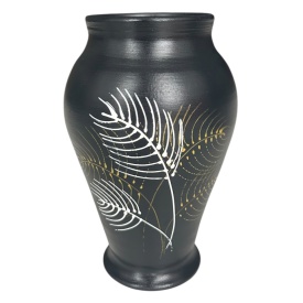 Vază ceramică decorată manual cu pene aurii și albe – 20 cm