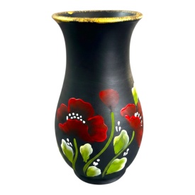 Vaza ceramica neagra 25 cm pictata manual - vaza flori cu maci rosii si detalii aurii