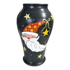 Vaza ceramica neagra pictata manual cu mos craciun si stelute, 20 cm – decor de Craciun din Bucovina