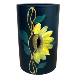 Vaza ceramica neagra, pictata manual, floarea soarelui, decor handmade, 18 cm