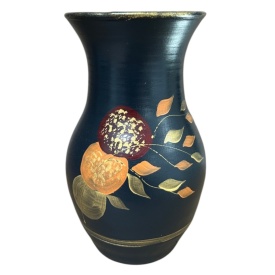 Vaza ceramica neagra, pictata manual, flori abstracte, detalii aurii, pentru flori, decor living, cadou handmade, 25 cm