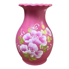 Vaza ceramica roz, pictata manual, flori roz, margine ondulata, pentru flori, decor living, cadou handmade, 20 cm