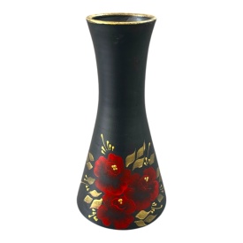 Vaza din ceramica neagra de marginea, 25 cm, pictata manual cu flori rosii – model evazat, autentica