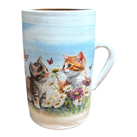 Vaza tip carafa 21 cm, decorata manual, camp de flori, pisici, design natural