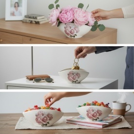 Bol decorativ ceramic alb decor cu buchet de trandafiri – vas ceramic pentru masa si interior 18x9 cm - Img 2