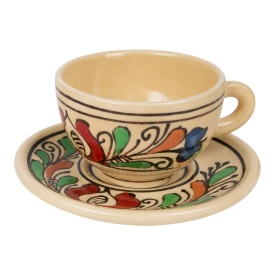 Ceasca cu farfurie pentru cafea, cappuccino, espresso, pictata manual, model multicolor traditional, 100 ml