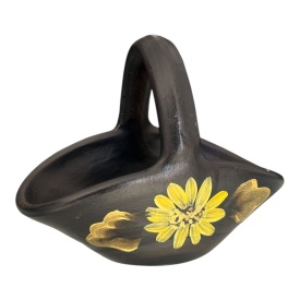 Coșuleț ceramic negru pictat manual cu flori galbene – decor artizanal