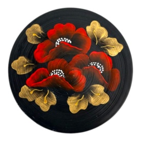 Farfurie decorativa de perete ceramica pictata manual neagra cu maci rosii – decor perete elegant cu sistem prindere 16 cm