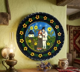 Farfurie decorativa de perete, din ceramica, barbat si femeie in port traditional romanesc,24 cm - Img 2