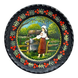 Farfurie decorativa perete pictata manual 24 cm – Obiect artizanal cu scena traditionala romaneasca