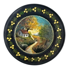 Farfurie din ceramica, neagra, pictata manual, unicat, 24 cm