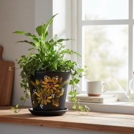 Ghiveci ceramic negru pictat manual cu flori galbene si drenaj – accent decorativ pentru plante 15 cm interior exterior - Img 2