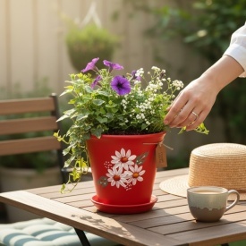 Ghiveci ceramic rosu pictat manual cu margarete albe si drenaj – ghiveci decorativ plante interior exterior 15 cm - Img 2
