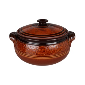 Oala de sarmale, din lut, ceramica, smaltuita, glazurata, cu capac, maro, 5 litri - Img 1