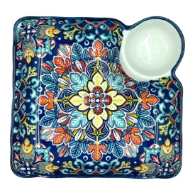 Platou din ceramica, albastru, pentru servire, sosiera integrata, 2in1, 19 cm