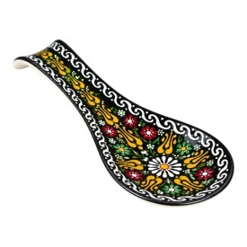 Suport de lingura din ceramica, negru, pictat manual, model floral traditional, suport ustensile bucatarie, handmade, 24x9,5 cm