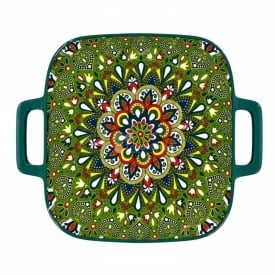 Tava din ceramica cu doua manere, verde, pentru servire, 23x 18 cm