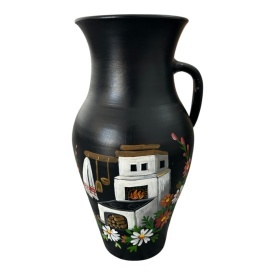 Ulcior ceramic negru, pictat manual, model soba traditionala, decor rustic romanesc, handmade, ulcior decorativ pentru casa, colectie, cadou premium, 30 cm