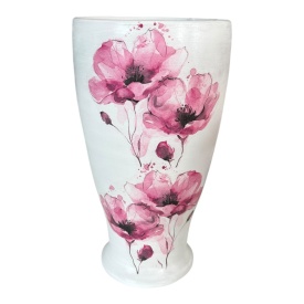 Vaza alba din ceramica, flori roz, larga la gura