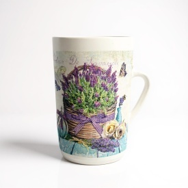 Vaza alba tip carafa cu maner 20 cm, design elegant cu buchete de lavanda, decor manual, pentru flori - Img 2