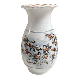 Vaza ceramica 25 cm, decorata manual, pasarele pe crengi ninse, tema iarna