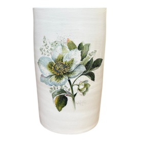 Vaza ceramica alba, cilindru, decorata manual, floare alba, pentru flori, decor masa, decor birou, cadou elegant, 20 cm