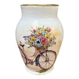 Vaza ceramica alba, decorativa, bicicleta cu flori, detalii aurii, pentru flori, decor living, cadou premium, 20 cm