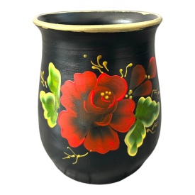 Vaza ceramica neagra, 16 cm, pictata manual, flori rosii, detalii aurii, margine aurie, handmade, vaza decorativa mica pentru flori