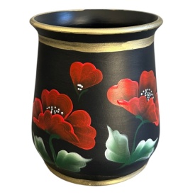 Vaza ceramica neagra, 20 cm, pictata manual, maci rosii, detalii aurii, vaza decorativa pentru flori, handmade, decor living, cadou elegant