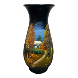 Vaza ceramica neagra cu peisaj de toamna, 30 cm