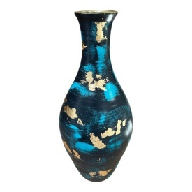 Vaza ceramica neagra, mare, inalta, contemporana, turcoaz, detalii aurii, pentru flori, decor living, 40 cm