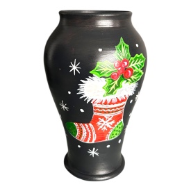 Vaza ceramica neagra pictata manual cu soseta de Craciun, unicat, lucrata la Marginea, 20 cm – decor festiv