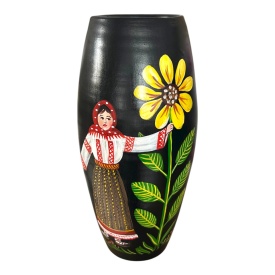 Vază ceramică pictată manual 30 cm – țărancă în haine tradiționale cu floarea-soarelui, Marginea