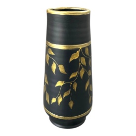 Vaza din ceramica neagra de marginea, 30 cm, pictata manual, auriu– model frunze, autentica