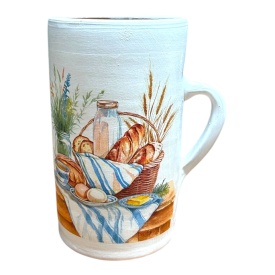 Vaza tip carafa 21 cm, decorata manual,masa cu bucate, cos cu paine si lapte, decor rustic