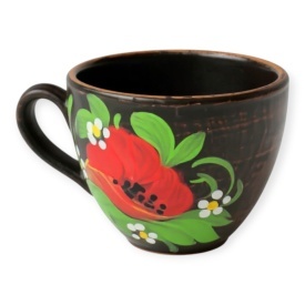 Cana din ceramica traditionala, 250 ml, pictata manual cu maci, rustica si autentica