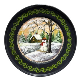 Farfurie Ceramica de Marginea pictată manual – Iarna magică la sat, 24 cm