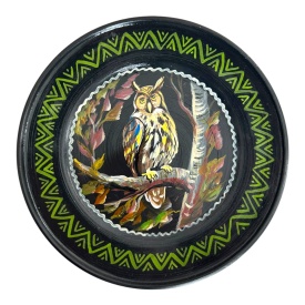 Farfurie decorativa ceramica neagra Marginea - Pictata manual cu bufnita pe creanga, 24 cm