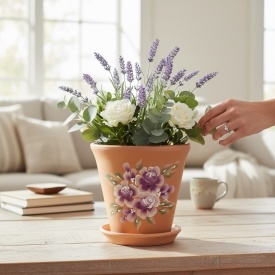 Ghiveci ceramic bej pictat manual cu buchet de flori si drenaj – ghiveci decorativ plante interior exterior 15 cm - Img 2