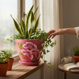 Ghiveci ceramic fuchsia pictat manual cu drenaj si farfurie – ghiveci decorativ pentru plante interior exterior 15 cm - Img 2