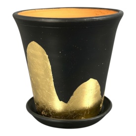 Ghiveci ceramic negru decorat cu foita de aur si drenaj – ghiveci elegant pentru plante interior exterior 15 cm - Img 2
