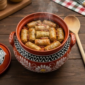 Oala de lut pentru sarmale 7 litri, traditionala, maro, pictata manual, cu capac, pentru gatit la cuptor – Cook Green - Img 2