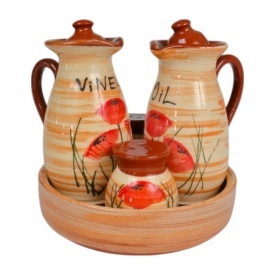Olivieră,suport condimente din ceramică pictată manual cu maci– set 5 piese pentru ulei, oțet, sare și piper