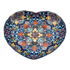 Platou din ceramica pentru servire, in forma de inima, albastru, design floral 23 cm