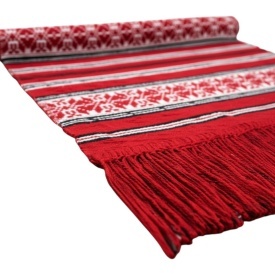 Prosop, stergar traditional rosu cu franjuri, tesut cu model traditional – 75 x 36 cm - Img 2