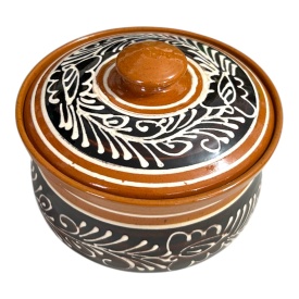 Recipient ceramic maro cu capac, decorat manual, 12 cm – glazurat, produs tradițional românesc